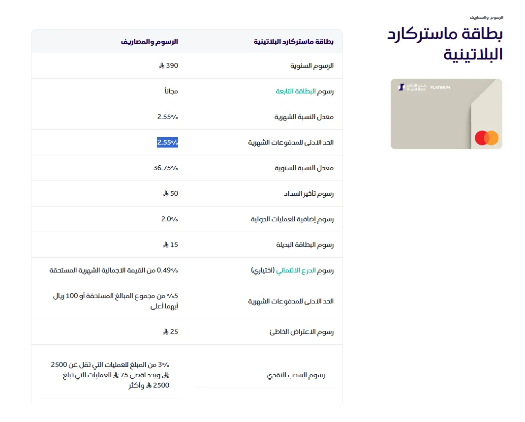 تناقض رسوم بطاقة ماستركارد البلاتينية - بنك الرياض